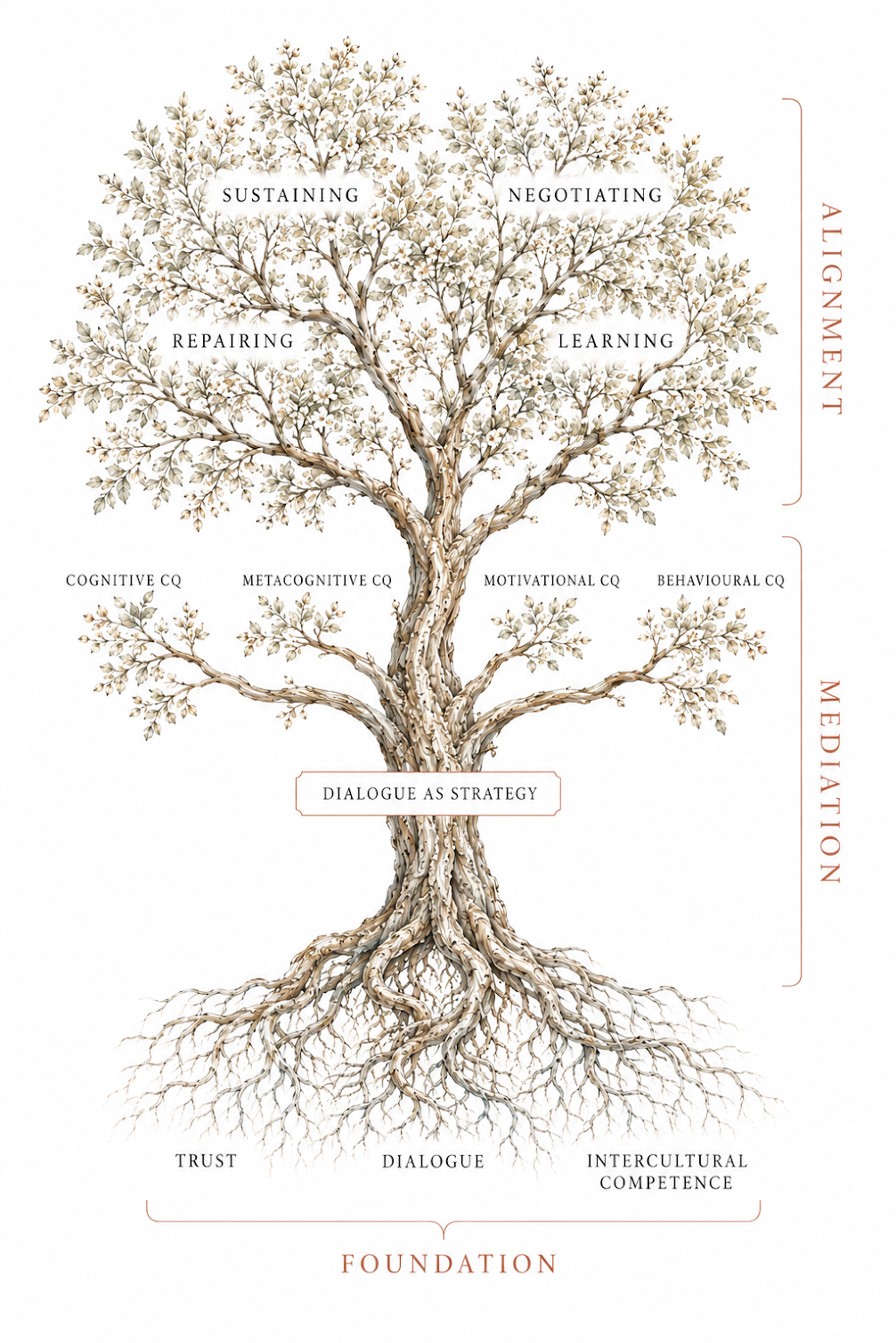 Tree diagram: Foundation as roots, Dialogue as the trunk, Mediation as branches, Alignment as canopy