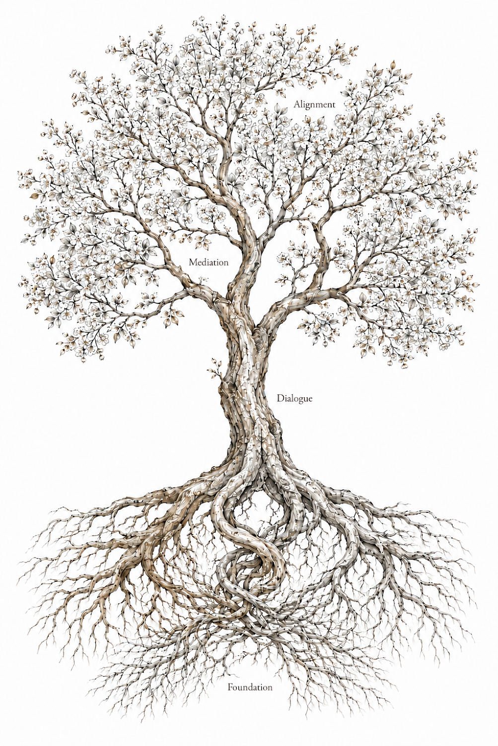 Tree diagram: Dialogue as the trunk, Foundation as roots, Mediation as branches, Alignment as canopy