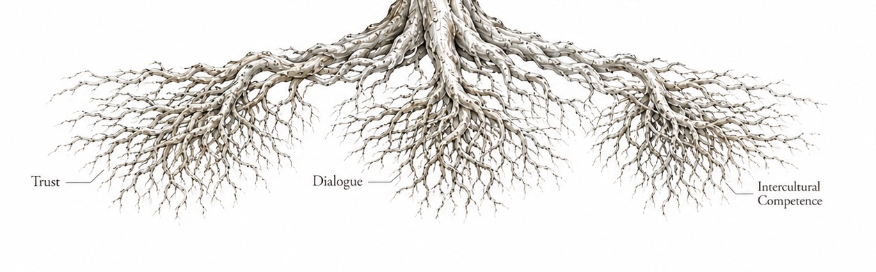 Root system diagram: Trust, Dialogue and Intercultural Competence as the roots of the framework